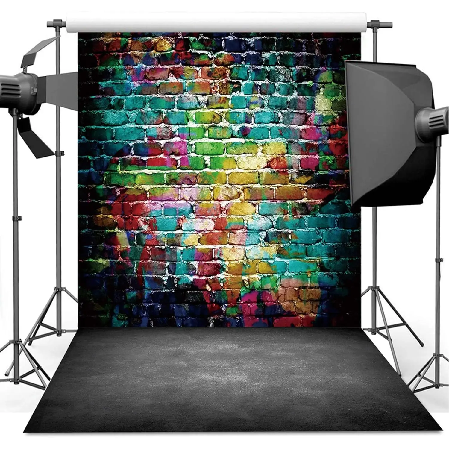 Graffiti Photography Backdrop, 5x7 ft Colorful Brick Wall Vintage Cement Floor Backdrop for Studio Props Photo Background