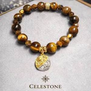Celestone Tiger Eye with Sun/Moon Charm Bracelet - Handcrafted with Natural Tiger Eye Stones and Sun/Moon Charms