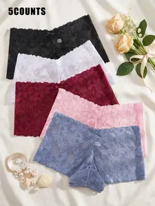 5pcs Solid Floral Lace Semi-Sheer Elegant Boyshorts