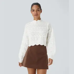 Halara Mock Neck Bishop Sleeve Scallop Hem Open Knit Casual Sweater