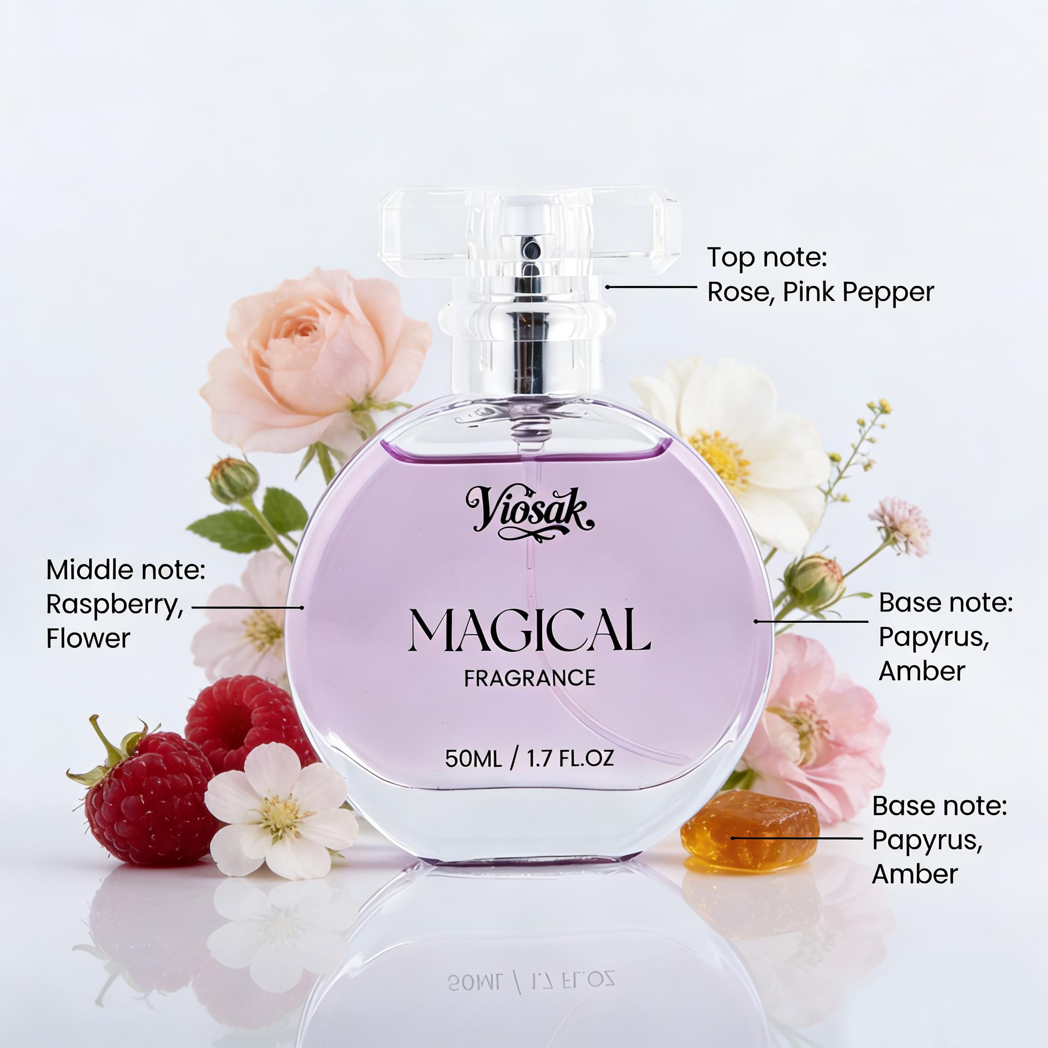 Viosak Magical Fragrance Parfum for Women & Men 50ml (1.65 fl. Oz)Lasting Long Lasting Fragrance for Dates & Daily Wear for Girlfriend boyfriend  Luxurious Gift Top note: Rose, Pink Pepper Middle note: Raspberry, Flower Base note: Papyrus, Amber