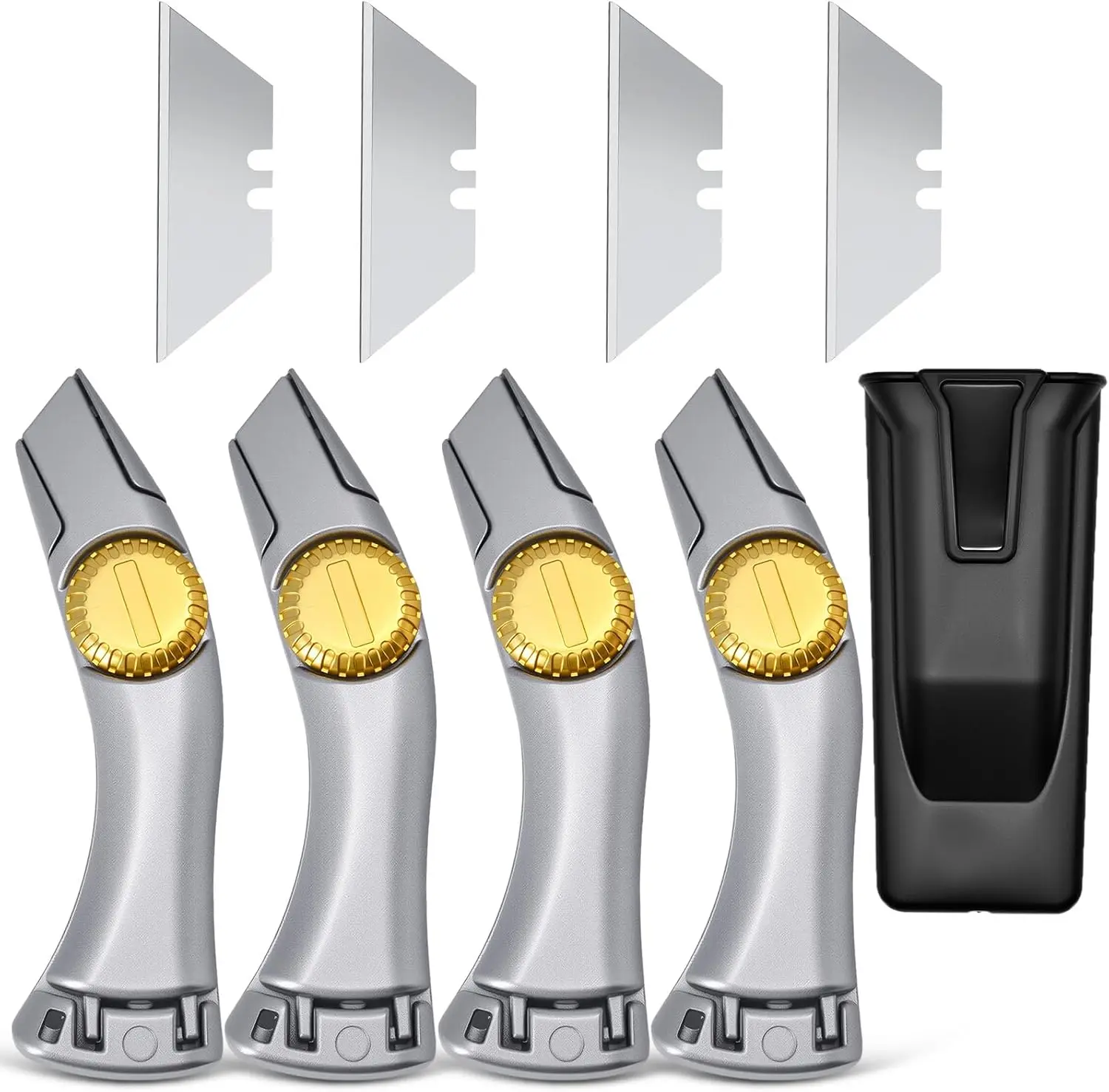 4 Pcs Silver Fixed Blade Roofing Knives with Replacement Blades, Holster and Belt Clip – Hand Tools Utility Cutter for Drywall, Vinyl (Drywall Knife Included)