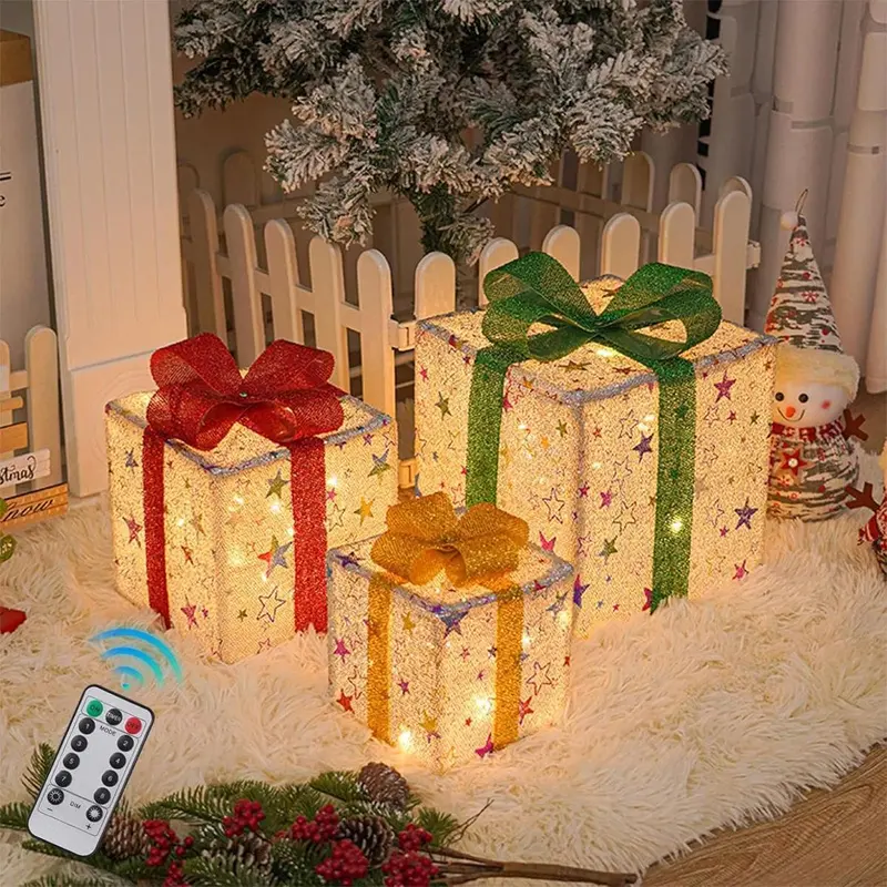 3 Piece Christmas Light Gift Box Set with Remote Control, Festive Ribbon Decorations, Indoor Outdoor Use, Warm Glowing Lights,Soothing atmosphere, festive decorations