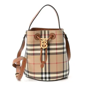 Pre-owned BURBERRY Canvas Shoulder Bags E Vintage Check Mini Drawstring Bucket Bag Briar Brown