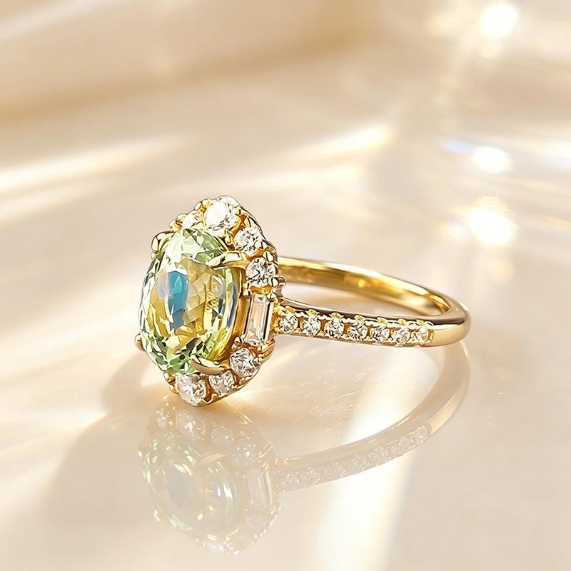 S925 Silver-18K Gold Plated Green Oval Tourmaline Ring (7x9mm) with Zircon Accents, Light Luxury Fashion Jewelry, Ideal Graduation or Birthday Gift