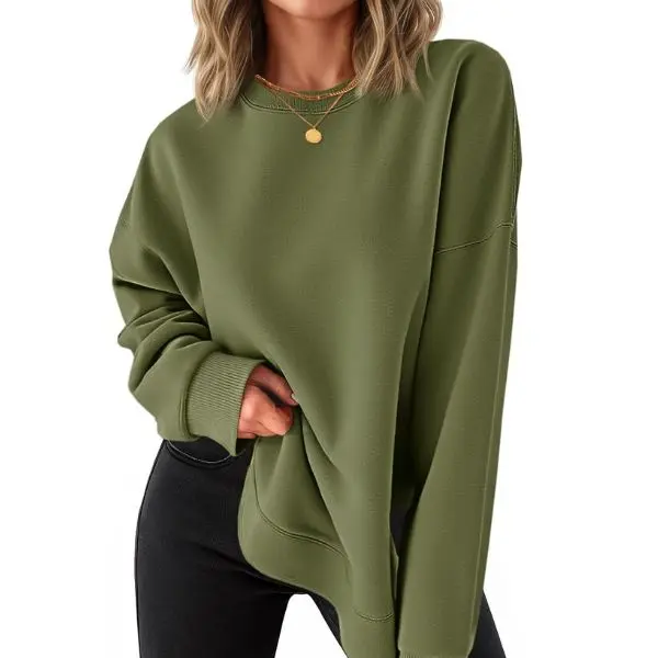 Fisoew Women's Soft Fabric Aesthetic Sweatshirt, Long Sleeve Tunic Top with High-Low Curved Hem and Side Slits for Leggings and Skirts, Jeans, Style, Pullover, Sporty, Oversized, Simple, Basic, Round Neck, Athleisure, Crew Neck, Minimalist, Longsleeves, C