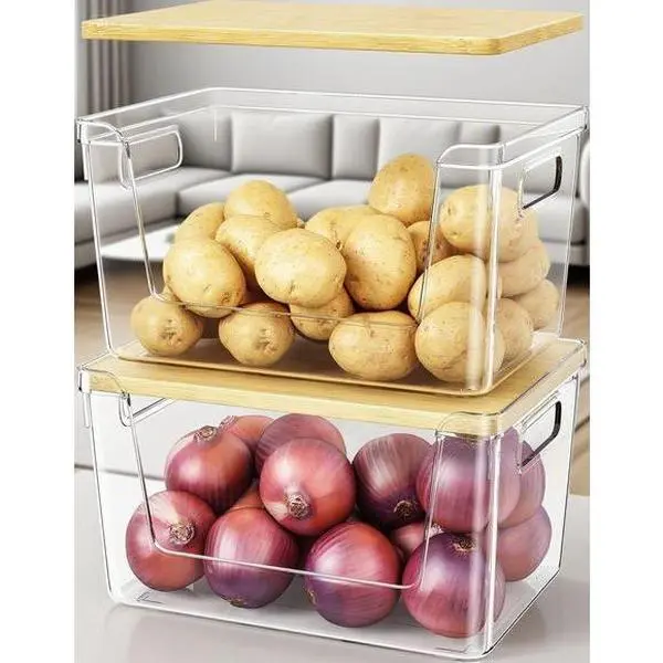 Clear Plastic Stackable Pantry Organizer with Lid & Handle, Sturdy and Durable Storage Basket for Potato Onion Garlic, Reusable Kitchen Storage Containers for Fruits Vegetables Produce, Space-Saving Design, Easy to Clean and Assemble