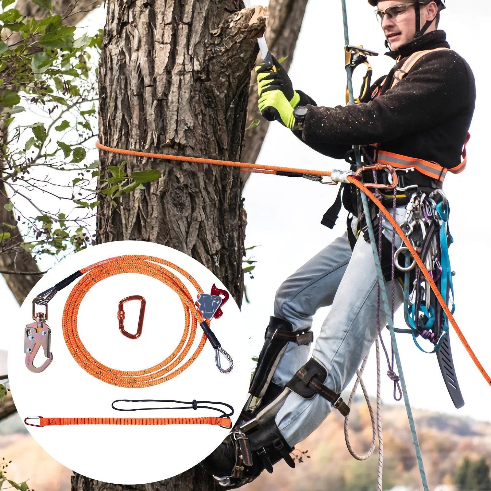 Steel Core flipline, 1/2" x 8' Arborist Flipline, Flip Line for Tree Climbing with Alloy Steel Snap Hook, Aluminum Alloy Carabiner and Extra Tool Lanyard, for Arborist, Tree Climbers