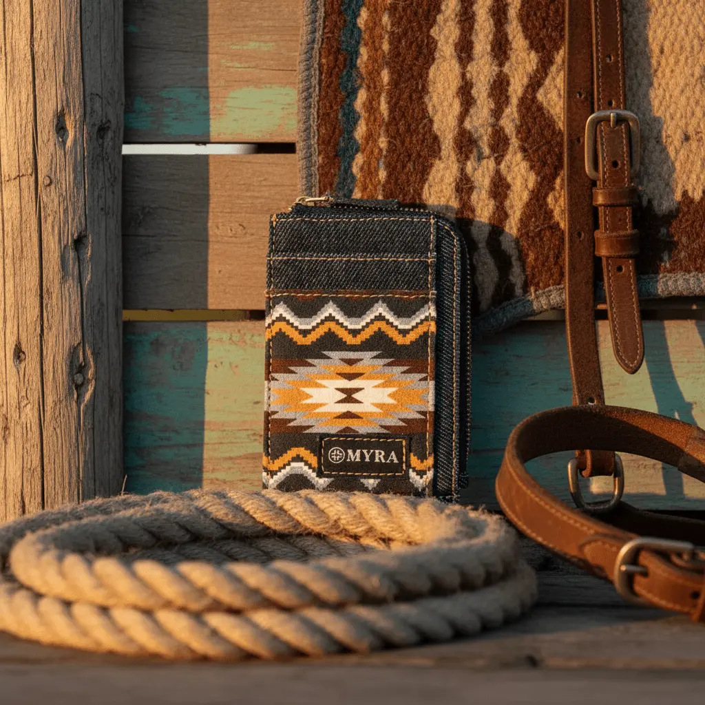 Slim Card Organizer for Men, Western Style Denim Wallet with Bold Aztec Print and Secure Boot Clip for Travel and Hands-Free Convenience, Secure Clip, Concerts, Multi-Slots
