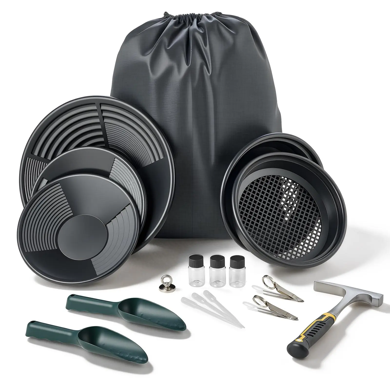 【SummerFinds】VEVOR Gold Panning Kit, 10 in and 14 in Pans, 19 PCS Portable Prospecting Equipment Kit with Classifier Sieves, Sand Magnet, Rock Pick, Scoops, Backpack, and Accessories, for Outdoor Gold Recovery
