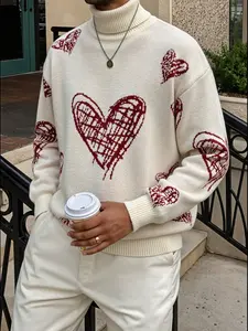 Men's New Casual Loose Fit High Neck Knit Sweater, Loose Casual Pullover, Full Heart Print, Vintage Versatile Commuter Long Sleeve Top, Valentine's Day Gift