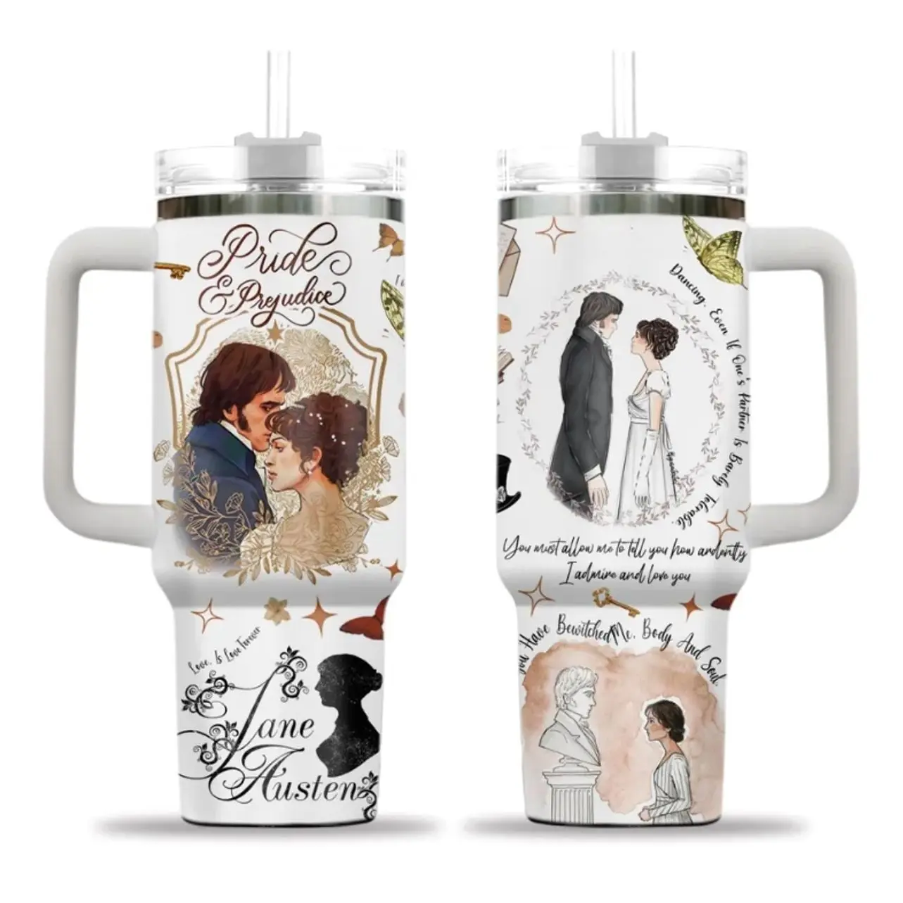 Pride and Prejudice 40oz Tumbler With Handle, Jane Austen Book Lover Insulated Stainless Steel Travel Mug, Literary Gift, Reusable Coffee Cup