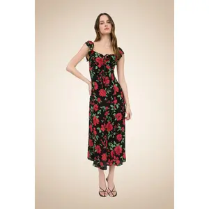 Romantic Red Floral Midi Dress with Ruffle Straps