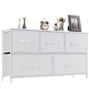 Dresser Storage with 5 Organizer Closet Chest Small Clothes Fabric Cabinet Kids Furniture Drawer Binis Nightstand for Bedroom Living Room Nursery Entryway White LED Bedside Modern Minimal Organization