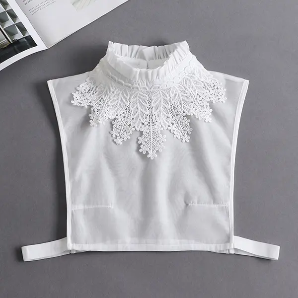 Women Elegant Floral Lace Ruffle Mock Neck Fake Collar, Hollow Embroidery Detachable Dickey Insert with Side Straps, Vintage Lace Stand Collar Layering Accessory for Sweater Shirts Blouse Daily Office Wear