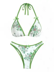 SEAMOLY Two-Piece Women's Floral Print Bikini Set Casual Fashion Chic Swimsuit for Beach Holiday Vacation Ladies Summer Clothes with Bowknot Embellishment