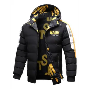 BASE Brand Men's Casual Hooded Winter Jacket, Reversible Alphabet Pattern, Polyester Fiber Filled, Zip-Up Coat for Sports and Outdoors, Black Wetsuit Menswear Tops Fabric Long Sleeve