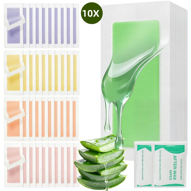 10PCS Wax Strips for Hair Removal, 1-Minute Hair Removal Waxing Kit for Women, Double-Sided Design Wax Strip for Face Arms Legs Chest Back Bikini/Brazilian Full Body Waxing Strips & 2 Oil Wipes - Easy to Use