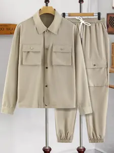 Men's Casual Long Sleeve Shirt Jacket Set, Button Front, Drawstring Waist, Two Pockets, All Seasons Wear