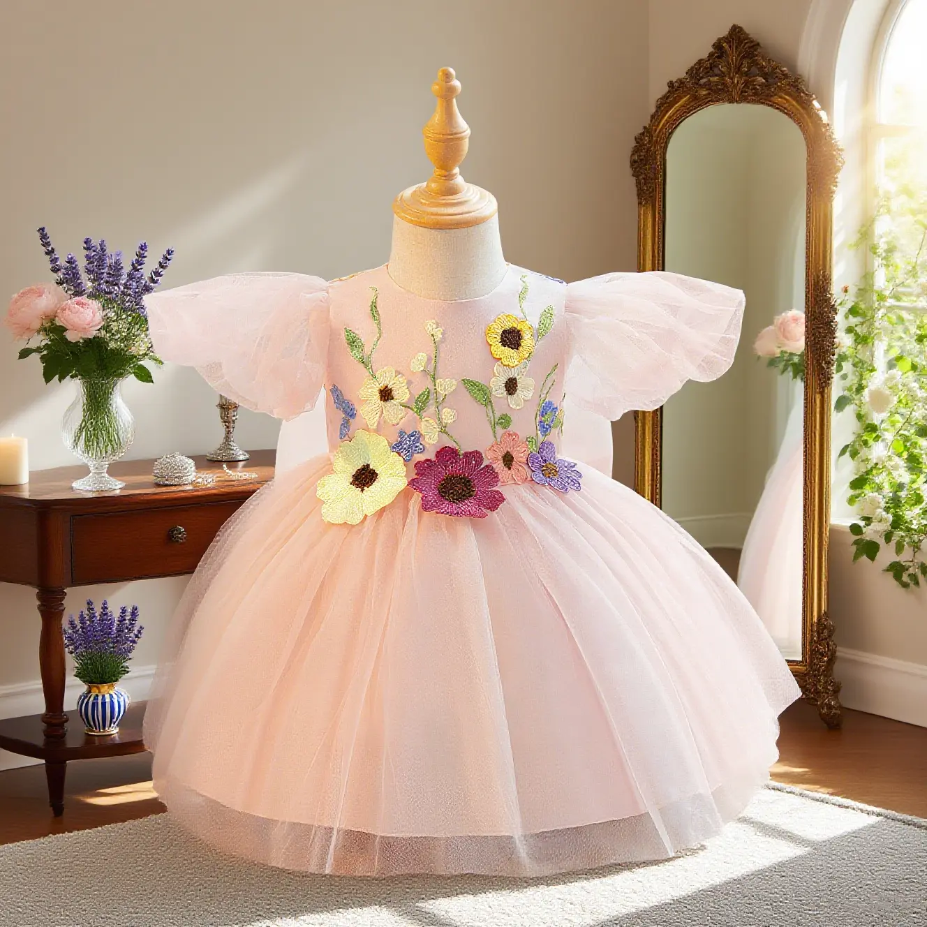 3089 Baby girl pink floral design sweet dress suitable for birthday party baptism birthday gift photo photography