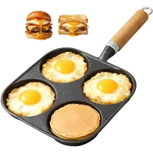 4-Cup Egg Pan, Cast Iron Omelette Pan, 4 Hole Frying Pan for Eggs, Pancakes, Breakfast Sandwich Hamburger Maker, Works on Gas & Induction Stovetops, Virgin Iron, 7.6inch