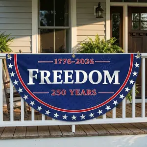 (1 Piece Only) 1776-2026 Freedom 250 Years Semicircle Flag Banner, 250th Anniversary Fan Flags, 2 Ply Year American Anniversary Flag for Wall, Front Door, Porch, Fence, Outdoor Decorations