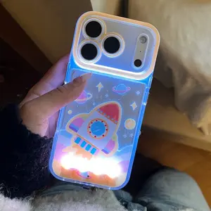 Sound-Control LED Rocket Phone Case Cover, Cute Cartoon Design, Couple Style, Gift for Kids & Girls, Fits iPhone X/XR/XS MAX/11/12/13/14/15/16/17 Pro/Plus/Pro Max