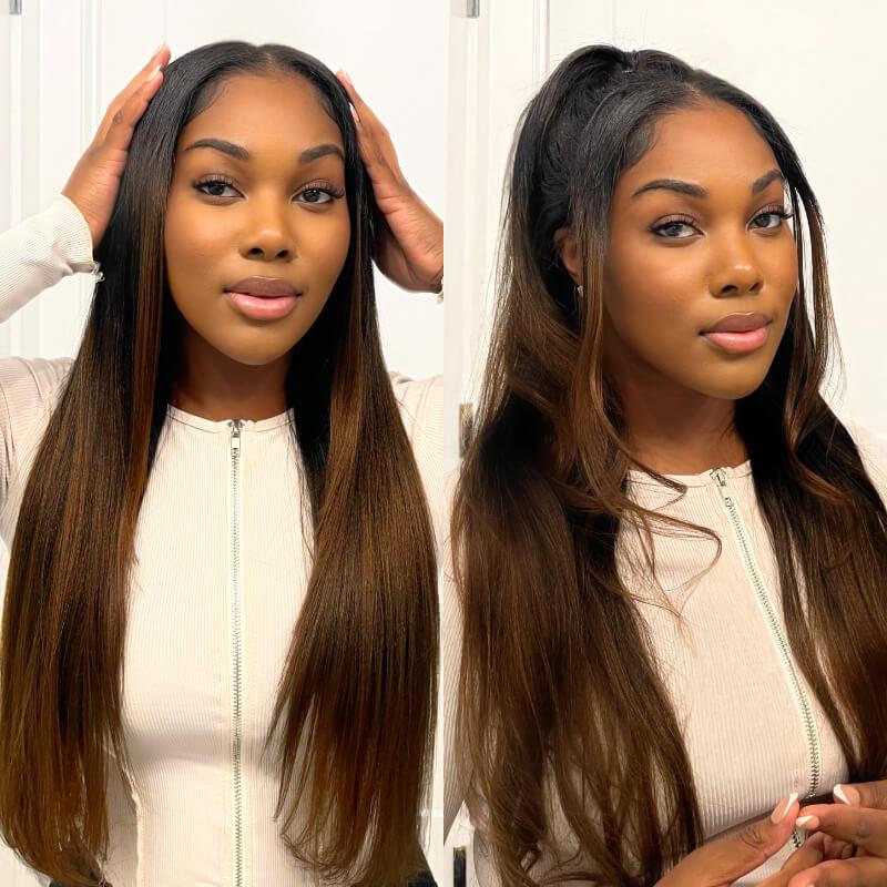 UNice Upgrade V Part Ombre Chestnut Brown Yaki Straight Wigs with Drawstring No Leave Out Glueless Human Hair Wigs for Beginners Friendly SpringStatements