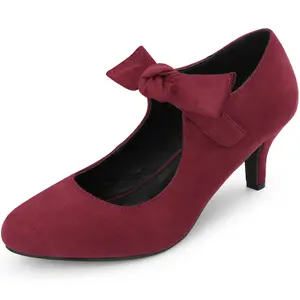 BLISSFUL Women's Closed Toe Bow Knot Ankle Strap Kitten Heel Burgundy Mary Jane Pumps