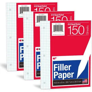 Graph Paper Filler Paper, 8"x10.5" 4x4 Graph/Quad Rule Filler Paper 3-Hole Punched 1/4inch Grid Paper Loose-Leaf Paper for 3-Ring Binders,150sheet/pack, 3pack F15001Q