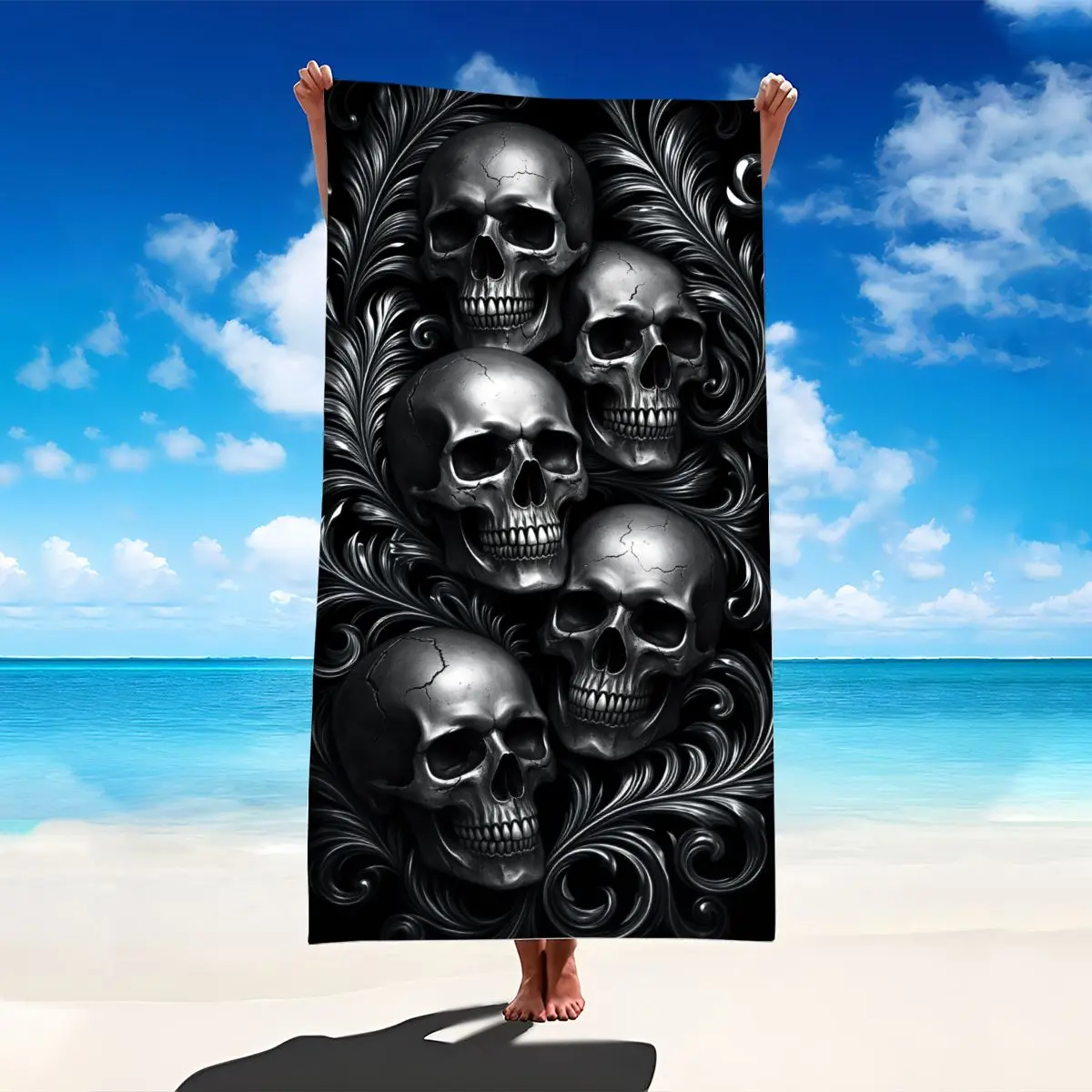 1pc Gothic Black-Silver Skull Print Beach Towel, 39.3*19.7inch/50x100cm Large Light Quick-Drying Towel, Cover-Compatible for Pool, Spa Use