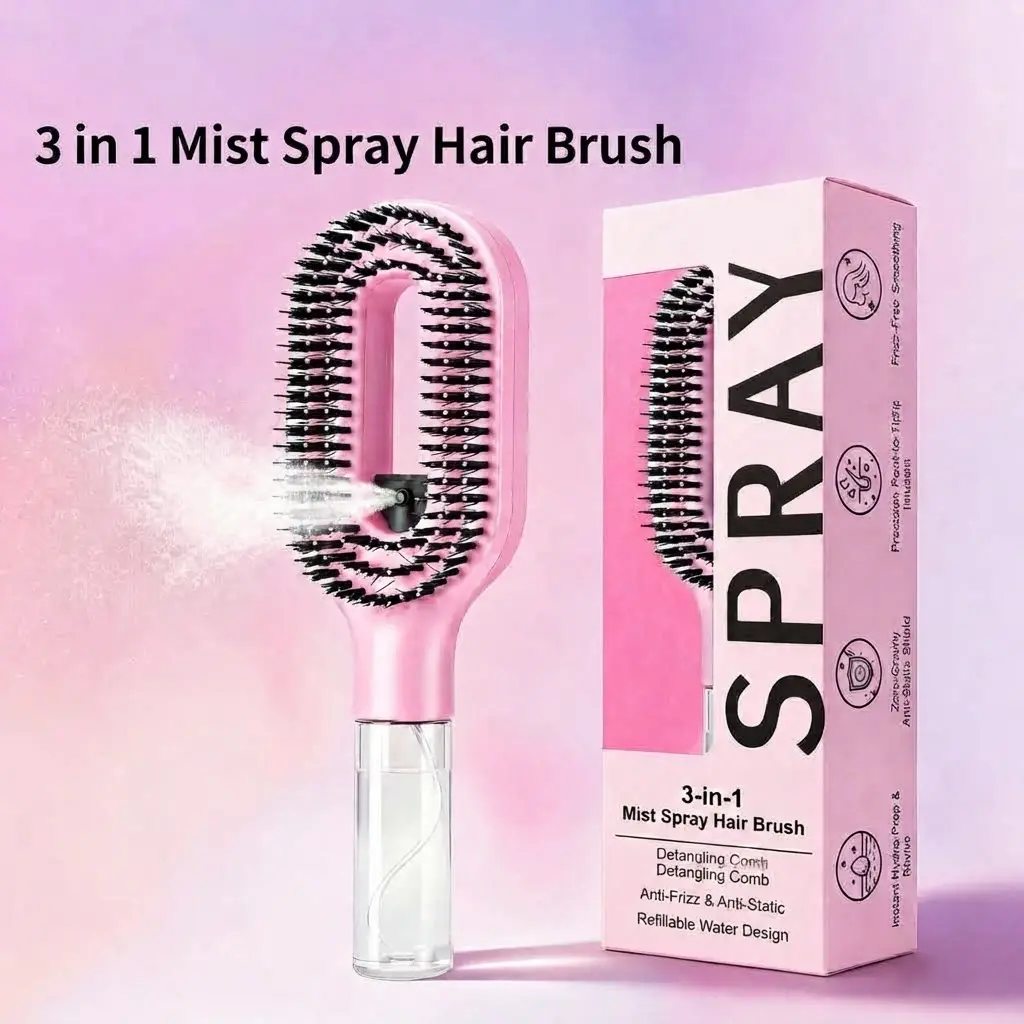 Compact Detangling Brush with Hydrating Mist Spray - Ergonomic, Eco-Friendly Frizz Control Styler for Curly Hair, Travel, and Morning Routines, Detangler Brush, Styling Brush, Anti Tangle Brush, Travel Hairbrush