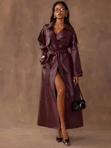 Autumn/Winter Fashion Women's Long Leather Burgundy Trench Coat,Burgundy Coat,Burgundy Fashion Coat,Versatile And Practical Coat,Fall
