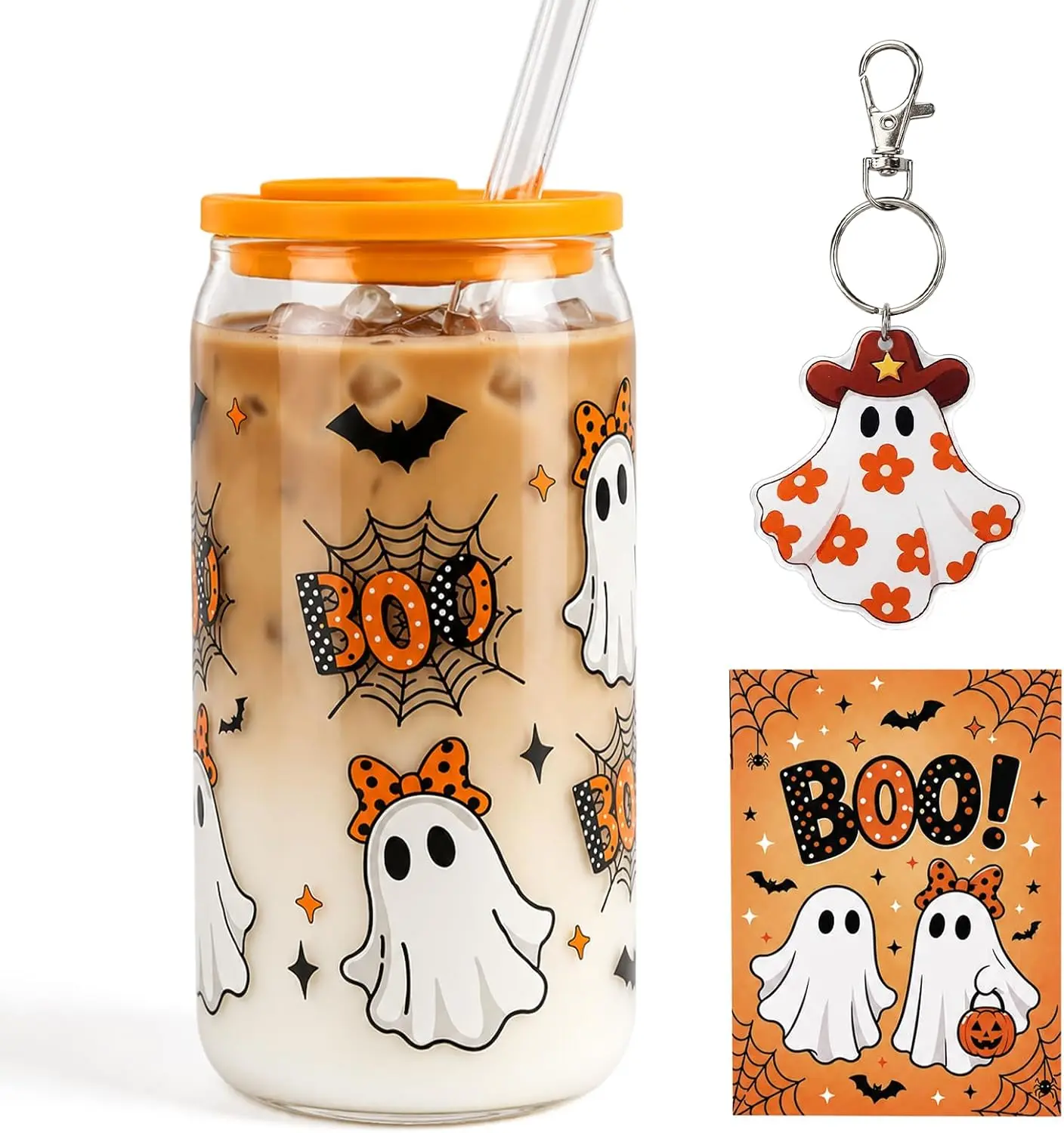 Halloween Glass Cup, Pink, 16OZ Iced Coffee Tumbler, Orange | Keychain, Card