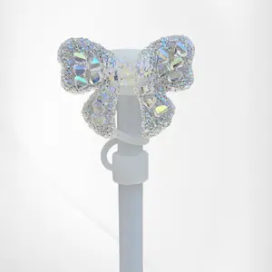 Glitter Butterfly Ribbon Bow Silicone Straw Topper  - Clear