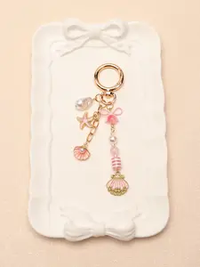 New Fashion Striped Pearl Beaded Keychain, Shell Starfish Keyring, Bag Charm, Stylish Accessory, 1 Piece Pack