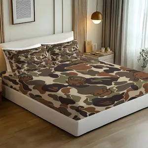 3-Piece Classic Brand Camouflage Pattern Bedding Set, Ape Head Cartoon Image Robot Printed Fitted Sheet Set, Bed Sheet Sets, Suitable for Teenagers or Military Fans, Home Decoration, Soft and Breathable, Including 1 Fitted Sheet and 2 Pillowcase