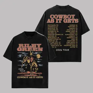 Riley Green Cowboy As It Gets Tour 2026 Vintage Washed T Shirt Country Music Graphic Tee Oversized Unisex Heavy Cotton Acid Wash Concert Tour Shirt Western Cowboy Rodeo Country Concert Tee Retro Nashville Streetwear Music Fan Gift Casual Apparel