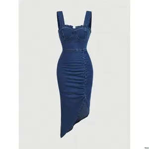 CinchedWaistAndWideStrap tiktokMODWomen sSummerDenimDressWithRuffledEdges