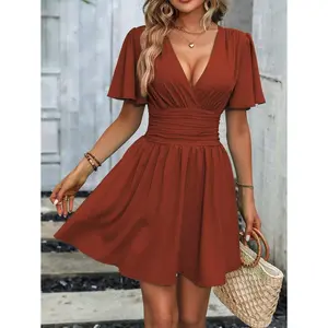 Summer Beach Casual Dress Polyester Short Sleeve High Waist A Line Plunging Neck Butterfly Sleeve Ruched Waist White Bow One Shoulder Fuchsia Bowknot Mini Basic Minimalist Womenswear