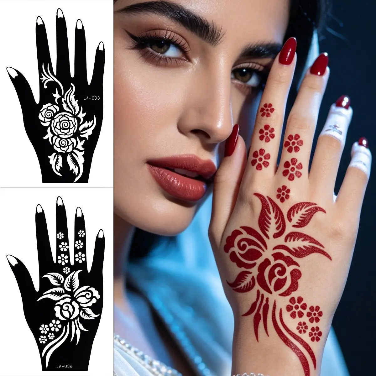 Reusable Self-Adhesive Hand Template Stickers, Floral Design, Henna Designs, Henna Stencil, Ideal for DIY Body Painting, DIY Tattoos, Parties, Crafts, Reusable, Contemporary Style