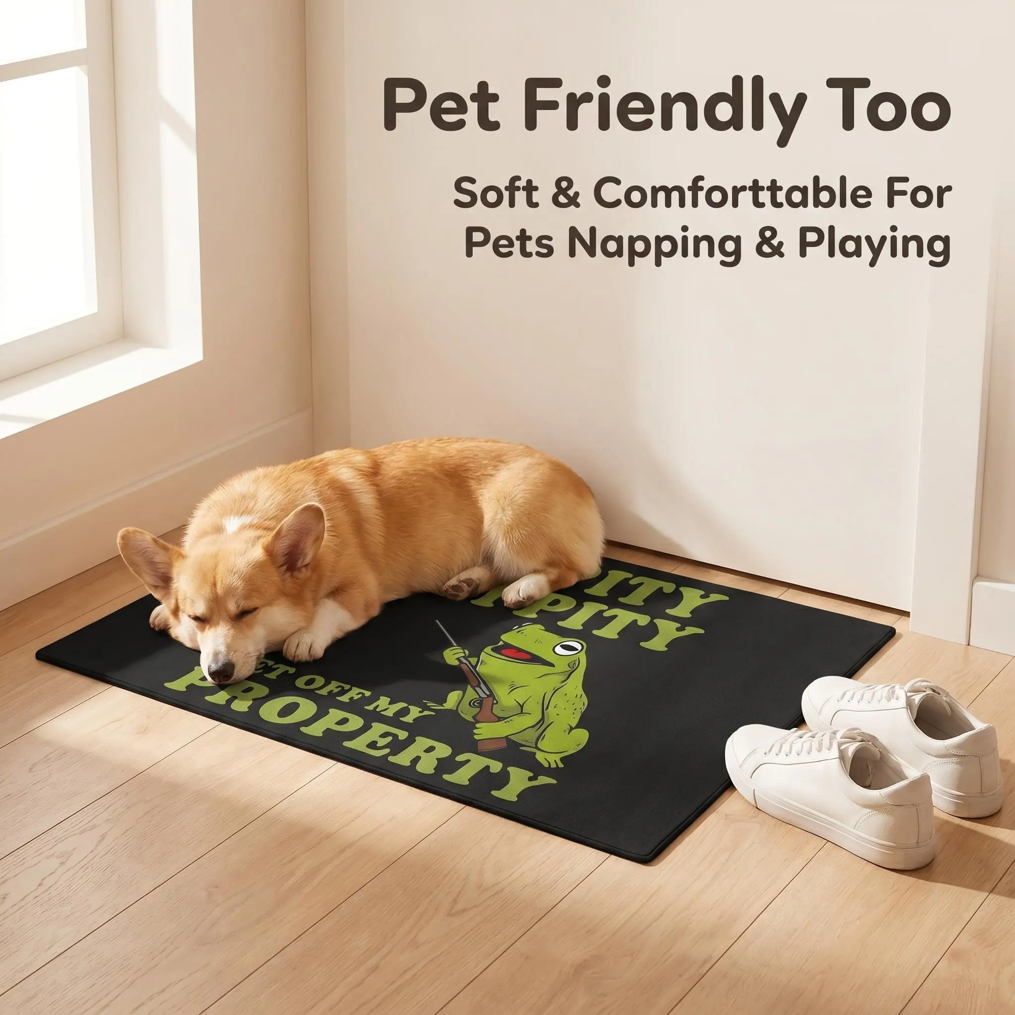 Rustic Floral Frog Sublimated Print Rectangle Doormat - "Hippity Hoppity Get Off My Property" Design, Flannel Cover, Velvet Rubber Non-Slip, Multi-Size (24x16in, 32x20in, 35x24in), Indoor Outdoor Front Door Decor, Pet Sleeping Mat, Cute Frog