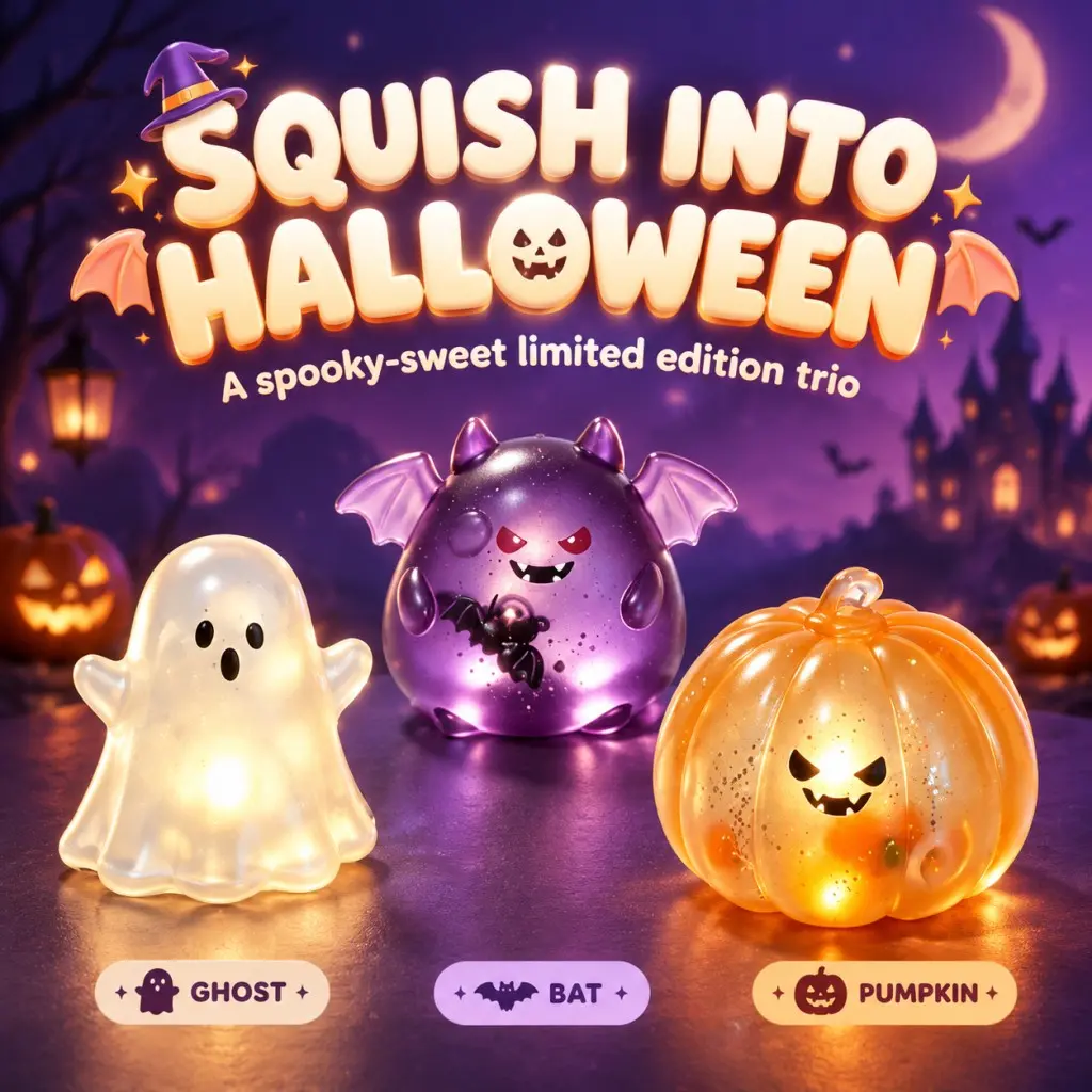 3-Piece Halloween Slow-Rising Squishy Toys Set (Bat, Ghost, Pumpkin) - Maltose Stress Relief Fidget Toys, Portable Handheld Squishies, Cute Gifts for Kids Age 3+, Ghost, Bat