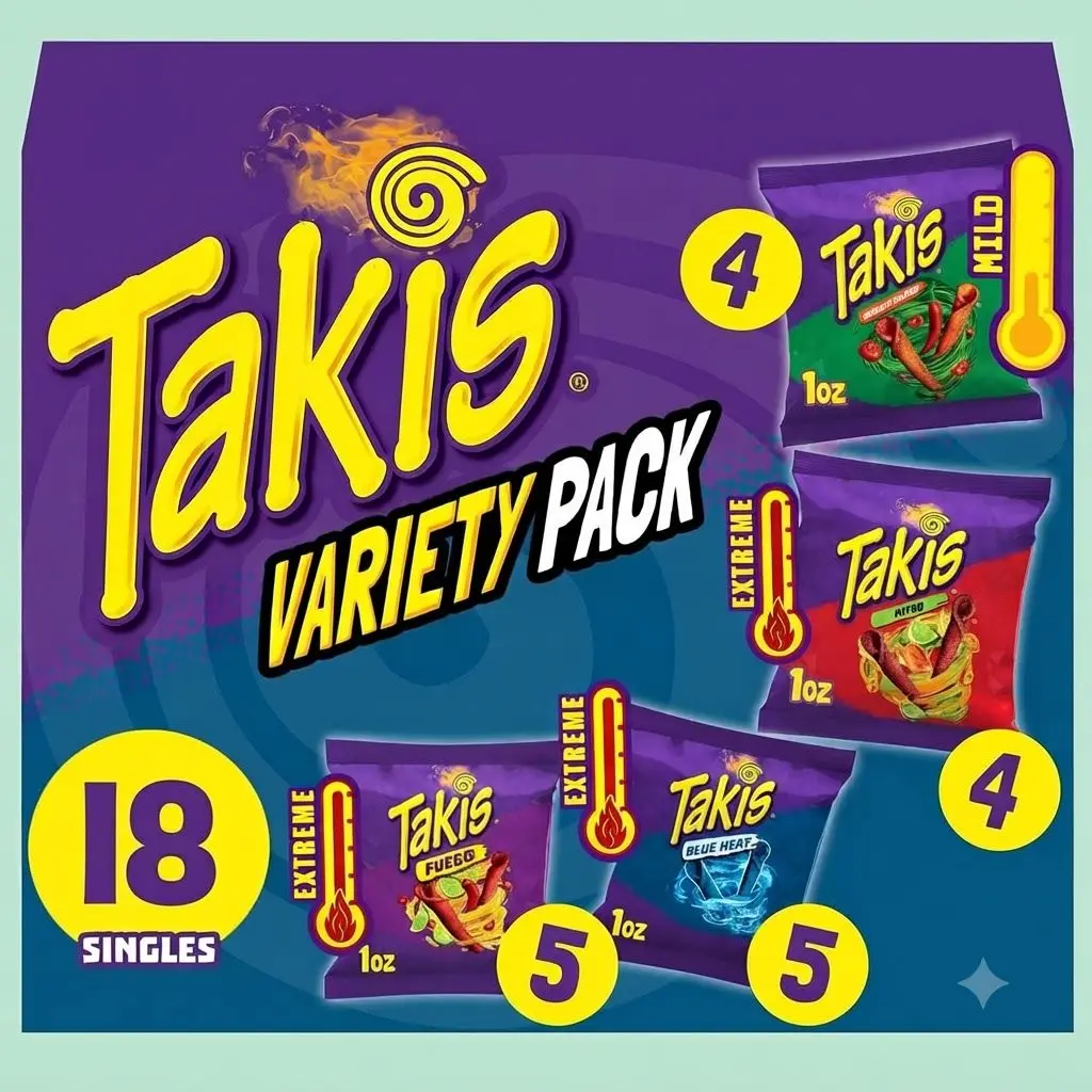 Takis Assorted Variety Pack Rolled Tortilla Chips (18 Count) – Single-Serve Snack Bag Box