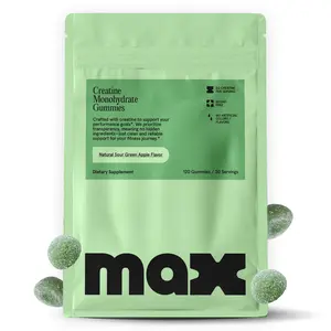 MAX Sugar Free Creatine Monohydrate Gummies - 5g Per Serving, 120 Count - Vegan, Lab Verified, Nothing Artificial – Sour Green Apple