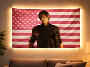 Leon S. Kennedy Poster – Pink American Flag Aesthetic – Gaming Decor