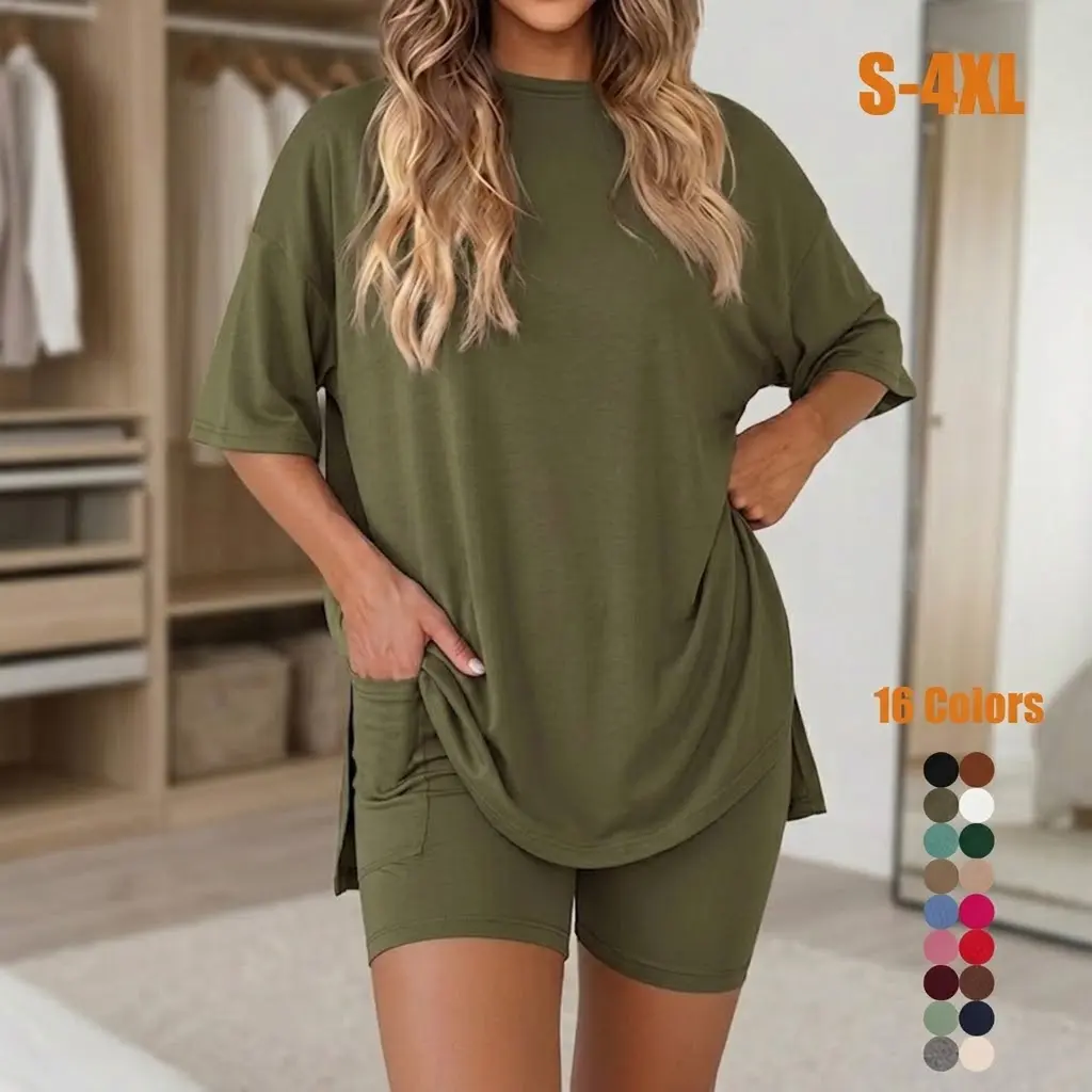Women's Solid Color T-Shirt & Pockets Fitted Shorts Loungewear Set, Casual Comfortable Round Neck Sleepwear for Summer, Suitable for Outdoor Wear Outfit