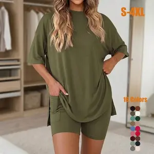 Women's Solid Color T-Shirt & Pockets Fitted Shorts Loungewear Set, Casual Comfortable Round Neck Sleepwear for Summer, Suitable for Outdoor Wear Outfit