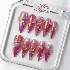 NailApex-main character"$200 salon  vs $25 at home  |3D Coquette Press-On  | Lasts 2 Weeks"| Handmade Press-On  | Reusable, Salon-Quality, Long-Lasting, Glossy Design Floral Embellished Rhinestone fake nails Acrylic Square Press-On Nails