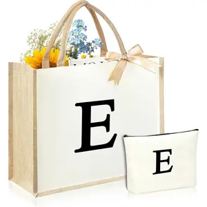 Initial Canvas Tote Bag & Makeup Bag for Women Teacher Bridesmaids,Personalized Present for Wedding, Birthday, Beach